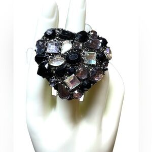 Elegant Heart Shape Black Rhinestone Cocktail Statement Ring Gunmetal Size 5
